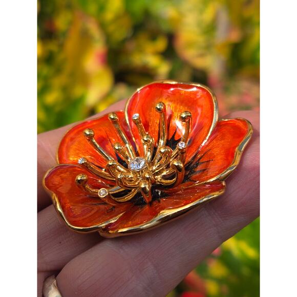 Vintage Monet Orange Enamel & Rhinestone Flower Brooch Pin, Gold Tone - Picture 8 of 10